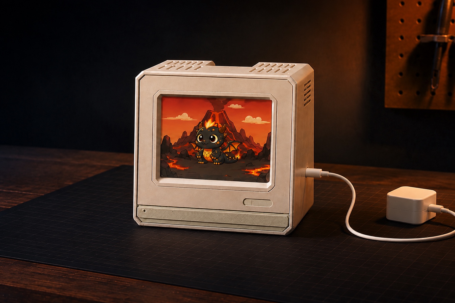 A Desk Ember centered on a workbench and powered by a USB-C cable connected to a wall adapter