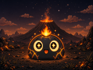 Level 2 energized Ember glowing in front of a warming volcano