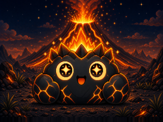 Supercharged Ember smiling in front of an erupting volcano