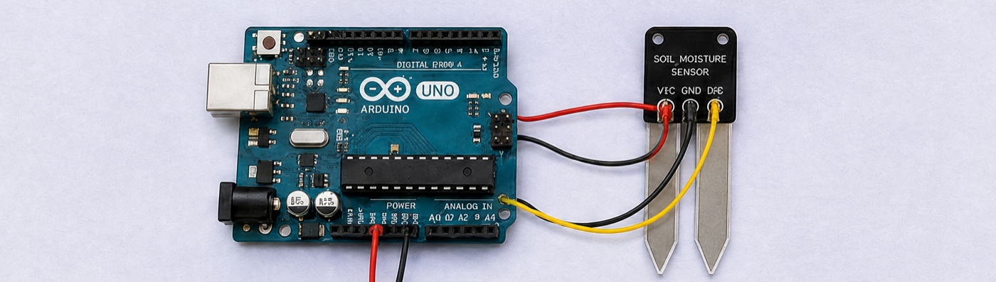 An Arduino Uno wired to a soil moisture sensor