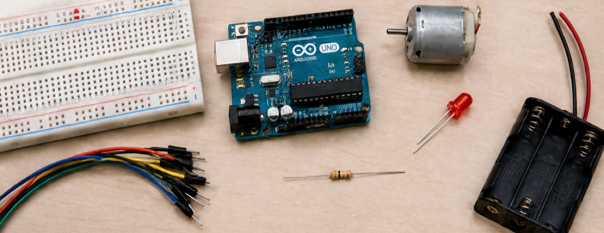 A breadboard, Arduino Uno, motor, LED, resistor, wires, and battery pack on a desk