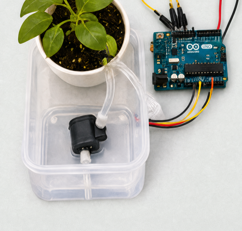 A plant, pump, and connected Arduino hardware